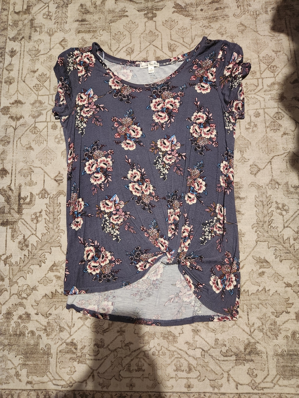 nine britton Slate Blue Floral Twist-Front Short Sleeve Tee